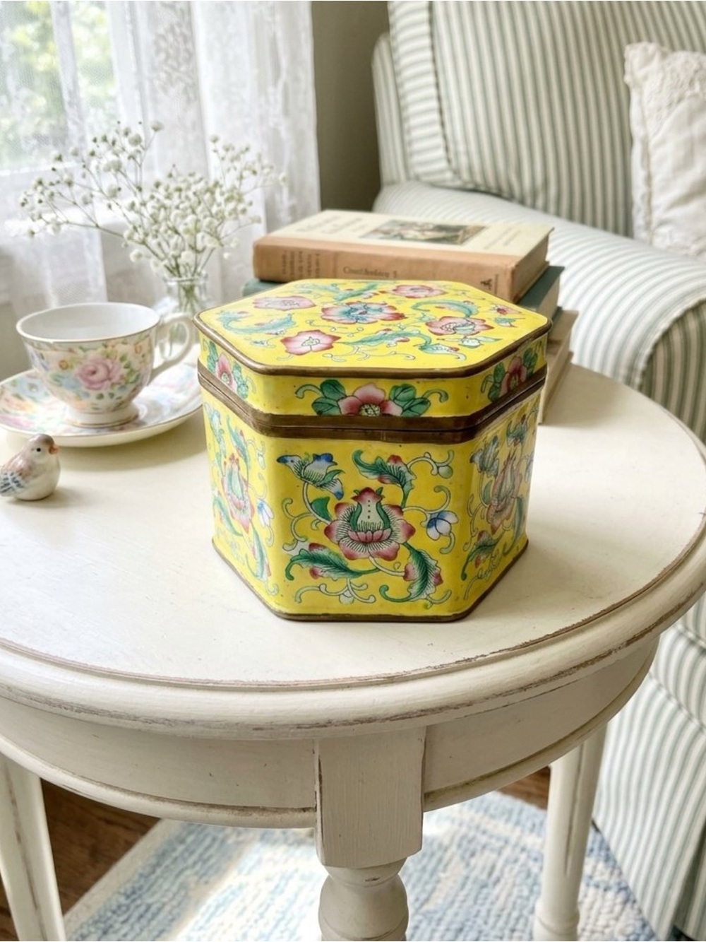 VTG Chinese Canton Enamel Hexagonal Trinket Box Tea Caddy Yellow Ground Peony 3”